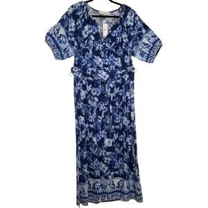 LOFT Maxi Dress Blue White Size L Tropical Print Belt Side Slits Covered Buttons